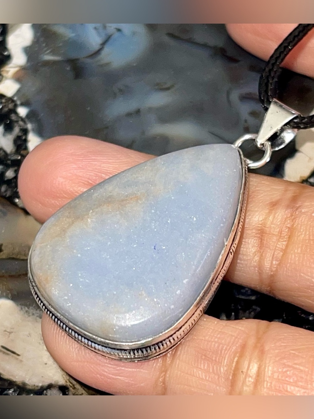 Round Blue Anhydrite Angelite Pendant 2 1/4”